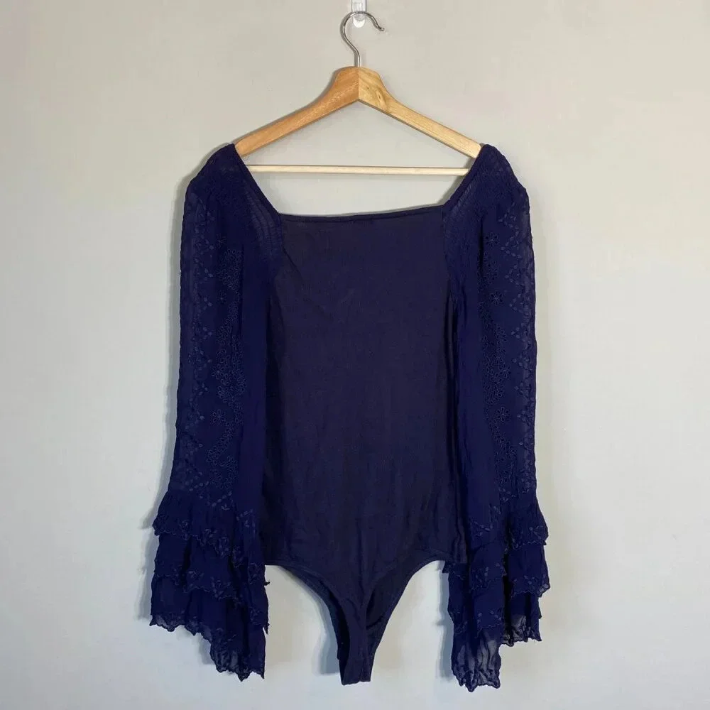 NWOT Free People Intimately FP Enchanted By You Bodysuit Women's Large Navy Silk